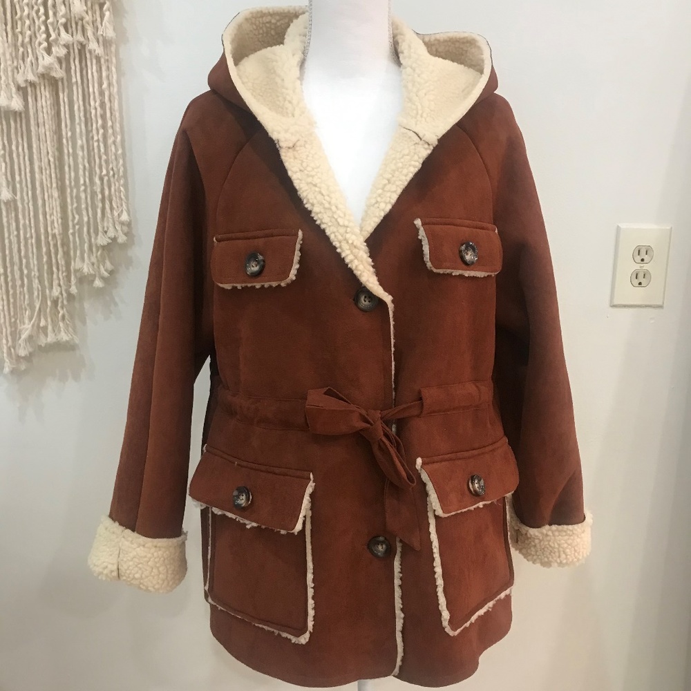 Listicle Suede Button Down Jacket with Faux Sherpa